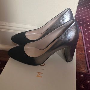 M Gemi black suede and pewter leather pumps